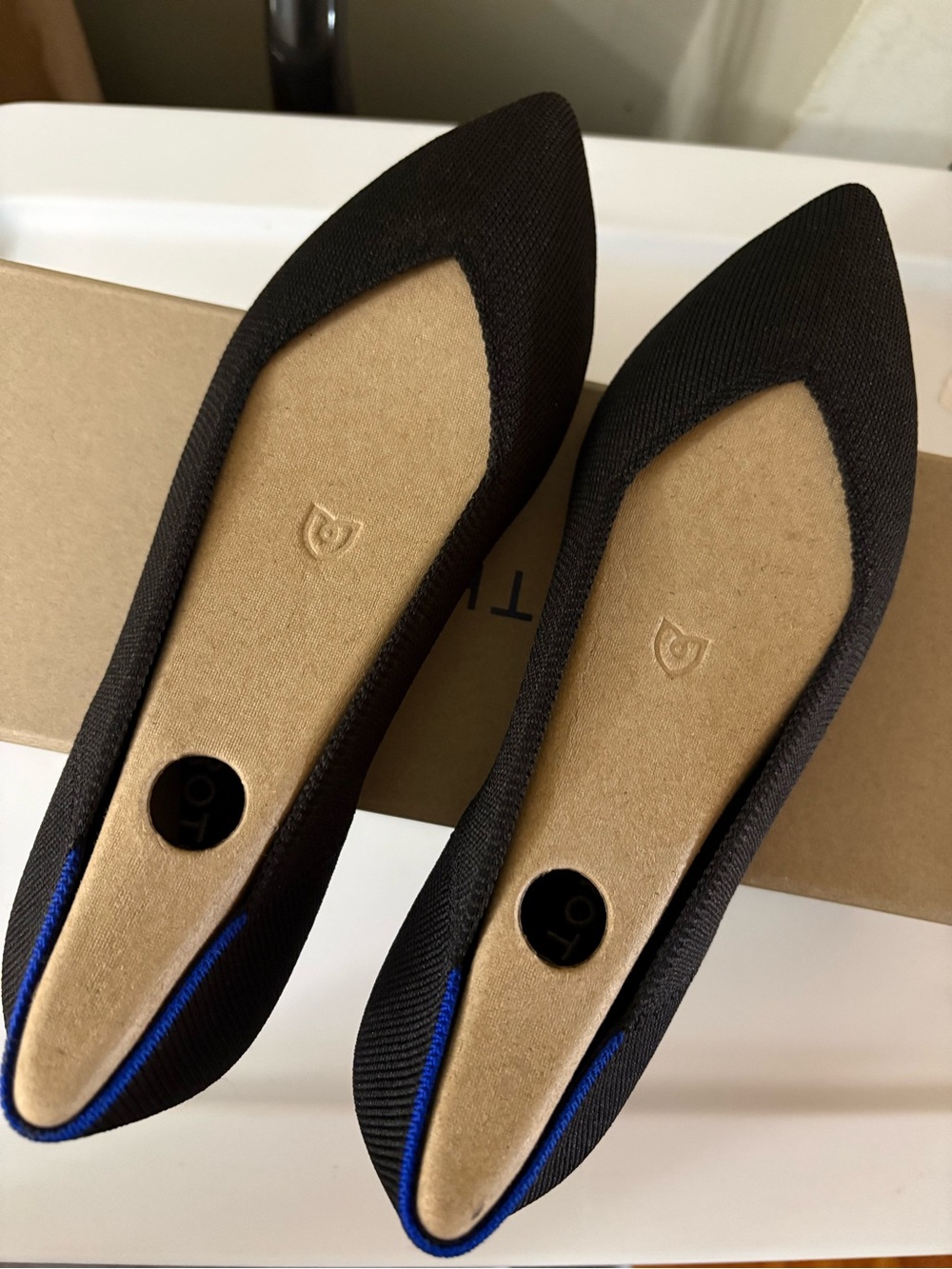 Rothy's Black Pointed Knit Flats with Blue Trim - Picture 4 of 6